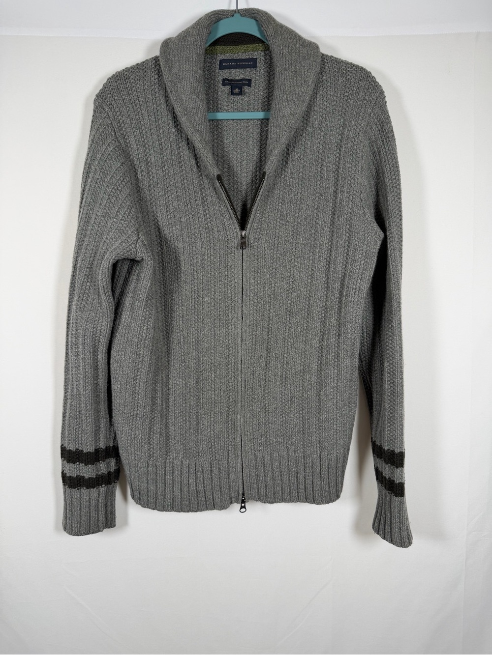 Men’s Italian Yarn Gray Shawl-Collar Zip Varsity Stripe Cardigan Sweater Preppy